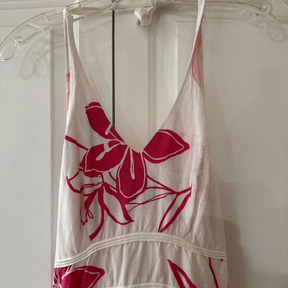 Y2K Linen Silk Halter Dress with Pink and White Floral Pattern Sundress - Picture 6 of 8